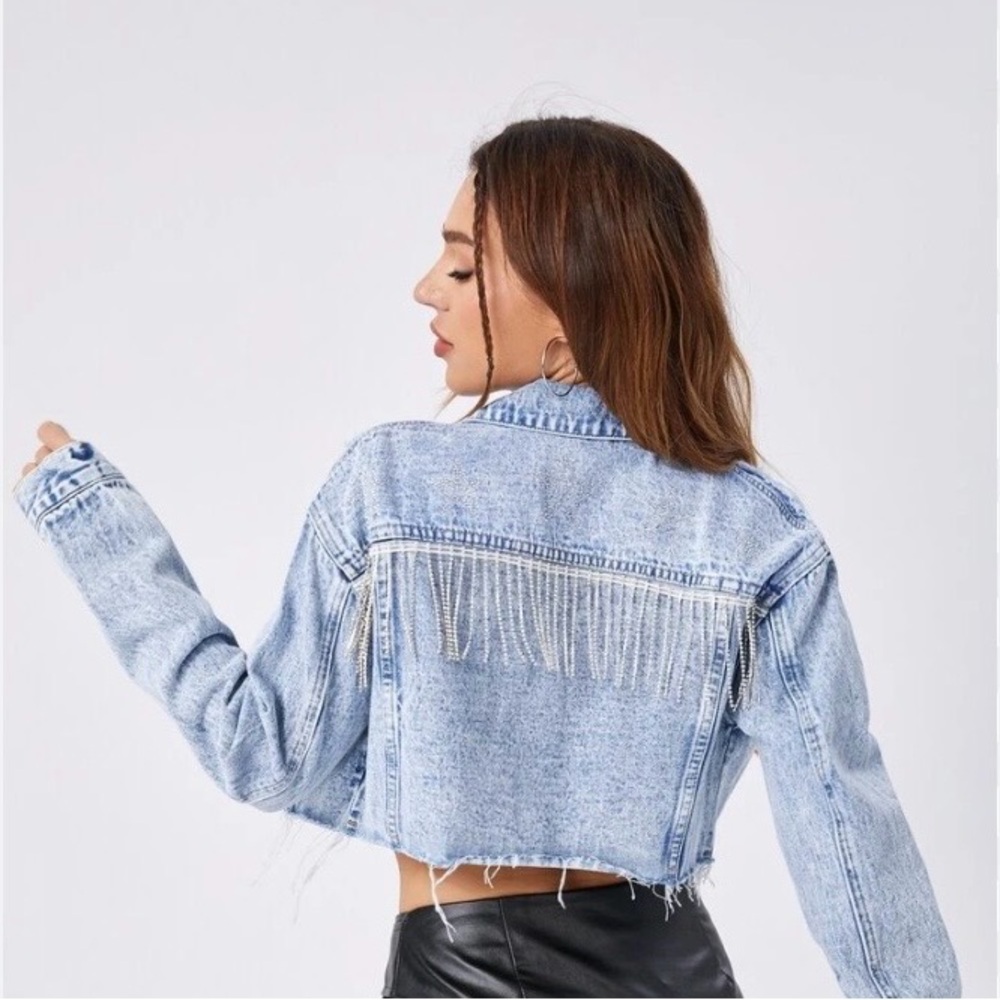 Cropped Light Wash Denim Jacket with Fringe Rhinestone Trim